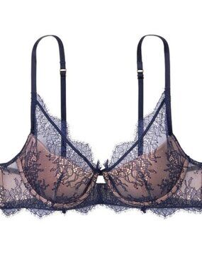 Victoria’s Secret VS Dream Angels Navy Chantilly Eyelash Lace Lined Plunge Bra